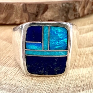 LOVE IN BLUE Multi Stone & Sterling Geometric Inlay Mens Ring Native American Handmade Silver Lapis Jewelry Southwestern Sizes 10, 10.5 image 1