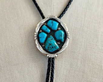 WILBUR IULE Zuni Turquoise Bolo Tie w/ Leather Cord | Sterling Silver Bolo | Native American | Zuni Made | Mens Jewelry | Southwestern