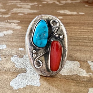 Bague pour homme vintage faite main en argent sterling, turquoise, corail Bijoux navajos du sud-ouest des États-Unis Taille 9 1/2 image 1