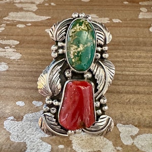 BEYOND BEAUTY Abel Toledo Large Handmade Ring Sterling Silver, Turquoise, Coral Native American Navajo Jewelry Southwestern Size 9 1/2 image 1