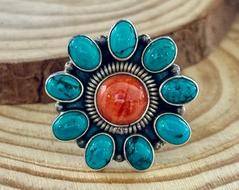 FLOWER POWER Bague en argent sterling avec grappes d'huîtres épineuses et de turquoises navajos | Bijoux tendance, amérindien du sud-ouest des États-Unis | Taille 7