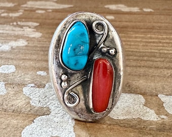 Bague pour homme vintage faite main en argent sterling, turquoise, corail | Bijoux navajos du sud-ouest des États-Unis | Taille 9 1/2