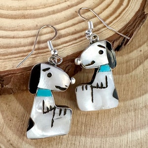 SNOOPY Shenel Comosona Zuni Toons Dangle Earrings Sterling Silver Jet Turquoise Mother of Pearl Inlay Native American Zunitoon Earrings image 1