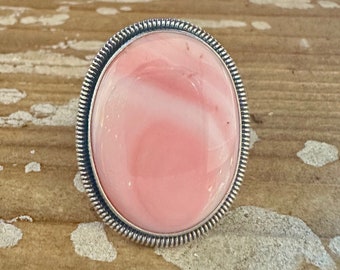 WYDELL BILLIE Navajo Pink Conch Shell and Sterling Silver Ring | Large Oval Statement Jewelry| Southwestern | Size 7 Adjustable