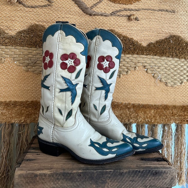 ACME Vintage 80s 90s Boots | Western Leather Bluebird Bird & Floral Inlay Design | 1980s 70s Cowgirl, Cowboy Southwestern | Womens Size 6.5