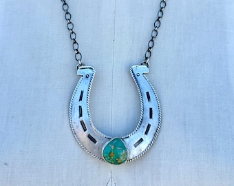 R. LIVINGSTON Navajo Silver & Turquoise Horseshoe Necklace | Horse Girl | Sterling Pendant l Native American Southwestern Jewelry