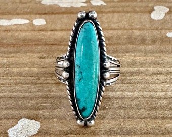 Bague faite main vintage ARCHER'S LOVE en argent sterling, turquoise | Bijoux de style amérindien du Sud-Ouest | Taille 6 1/4