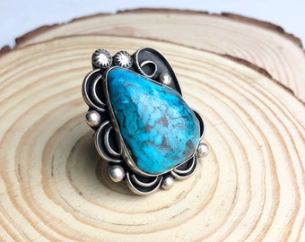 CHUNKY STONE Silver & Turquoise Ring | Chimney Butte Turquoise Stone Ring | Native American Navajo Southwestern, Boho | Size 8 1/2