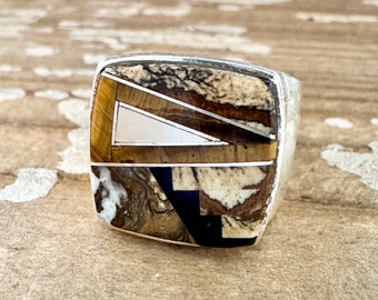 TULLY GUSTINE Navajo Multi Stone Geometric Inlay Ring Mens | Handmade Large Ring w/ Sterling Silver | Southwestern Native Jewelry | Size 12