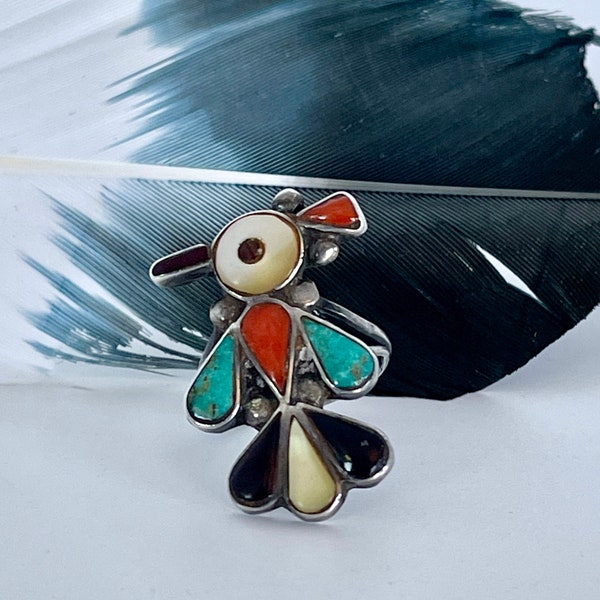 PEYOTE BIRD Vintage Zuni Inlay Ring | Silver Turquoise Coral Jet Mother of Pearl 4gr | Native American Indian, Southwestern Jewelry | Size 5