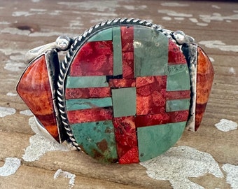 BOUT DE CHEMINÉE Manchette navajo en argent sterling, huîtres épineuses et incrustations de turquoise | Bracelet 66 g | Bijoux amérindiens, Sud-Ouest américain