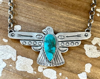 RUSSELL SAM Navajo Thunderbird Sterling Silver & Turquoise Necklace Pendant, Chain Link | Native American Design Southwestern Jewelry • 28g