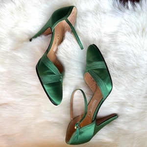 GUCCI Vintage 70s Green Satin Ankle Strap Shoes 1970s Italian Designer Ankle Strap Stiletto Heels, Made in Italy Disco Era Size 35 5 image 1