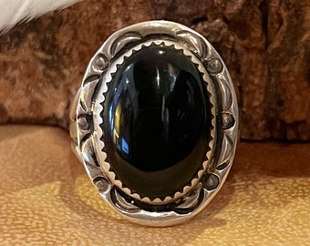LIKE MIDNIGHT Navajo Silver and Onyx Ring | Large Statement Black and Sterling Silver | Navajo Native American, Southwestern | Size 9