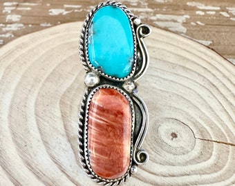 LES OPPOSITIFS ATTIRENT la bague rose castillo vintage en argent sterling, turquoise, huître épineuse | Bijoux navajo amérindiens du Sud-Ouest | Taille 9