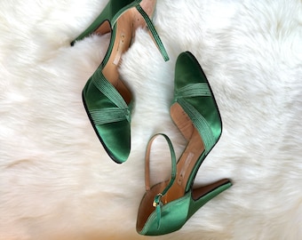 GUCCI Vintage 70s Green Satin Ankle Strap Shoes | 1970s Italian Designer Ankle Strap Stiletto Heels, Made in Italy | Disco Era | Size 35 - 5