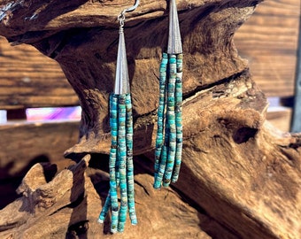 CORRAINE SMITH Boucles d'oreilles pendantes navajo Kingman turquoise | Perles de pierre en argent sterling | Boucles d'oreilles longues franges amérindiennes du sud-ouest