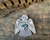 WHIRLING LOG Thunderbird Vintage 30s Brooch 1930s Fred Harvey Era Silver Turquoise Bird Pin Southwestern Native American Navajo Style