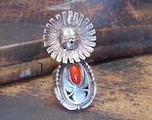 BENNIE RATION Sun Face Silver and Coral Ring Navajo Kachina Doll, Native American Southwestern Jewelry Large Statement Ring Size 7 3 4