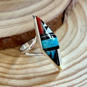 CLEO KALLESTEWA Multi Stone Inlay Zuni Ring Native American Southwest Sterling Jewelry Mother Of Pearl Turquoise Jet Spiny Oyster Size 8 image 3