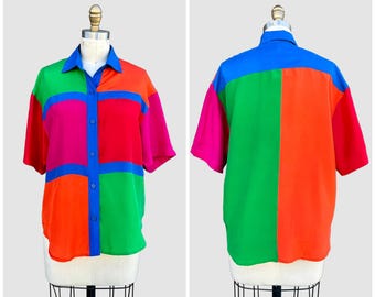 1980s BLAIR BOUTIQUE Vintage Silk Shirt | 80s Geometric Color Block Button Up Blouse | Size Sm.-Med.