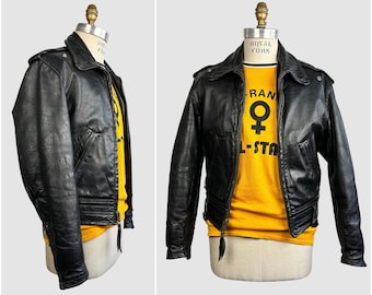 5e versement pour MS | Veste de moto en cuir de cheval vintage des années 50 | Veste motard courte en cuir noir des années 50 | Moto des années 40 | Taille petit homme