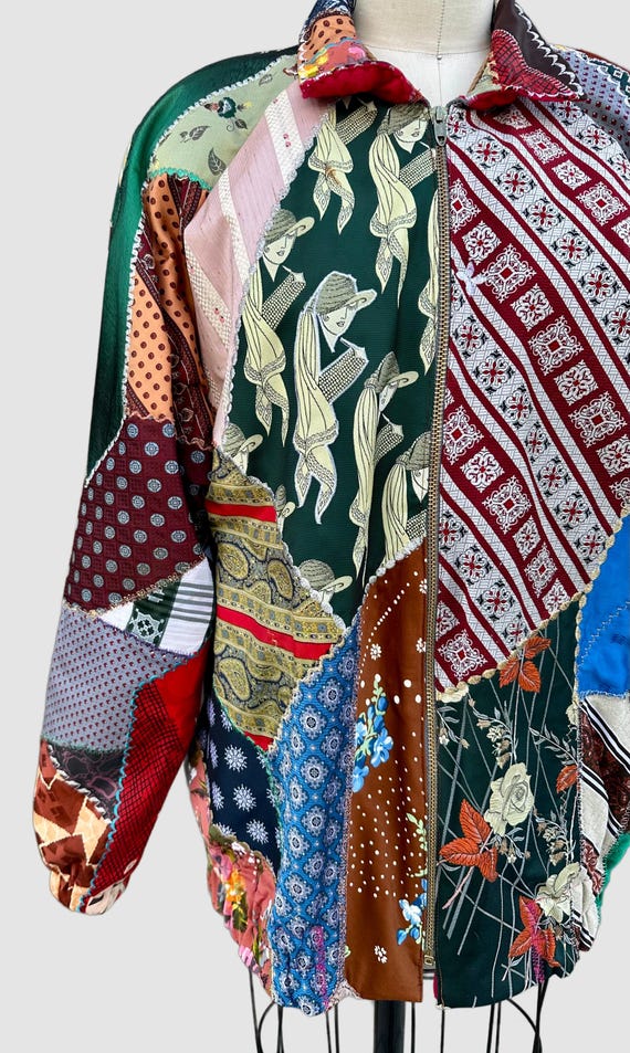 PATCHWORK UPCYCLED TIES Vintage 80s/90s Bomber Ja… - image 5