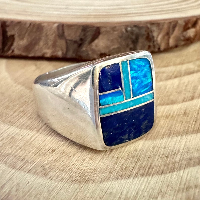 LOVE IN BLUE Multi Stone & Sterling Geometric Inlay Mens Ring Native American Handmade Silver Lapis Jewelry Southwestern Sizes 10, 10.5 image 2