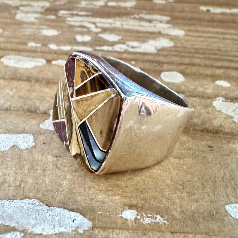 TULLY GUSTINE Navajo Multi Stone Inlay Ring Mens Handmade Large Ring w/ Sterling Silver Southwestern Native American Jewelry Size 10.5 image 4