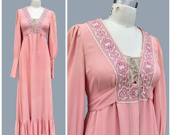 GUNNE SAX Black Label Vintage 70s Dress | Mauve Pink 60s/70s Embroidery Trim Prairie Ruffled Maxi Dress | Boho Hippie Granny | Size Medium