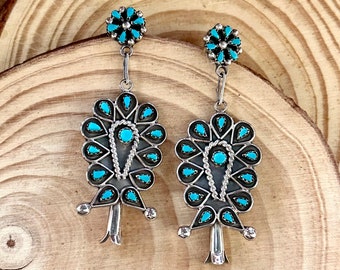 STAR FLOWER Sterling Silver & Turquoise Dangle Stud Earrings | Flower Design | Navajo Native American Southwestern Jewelry