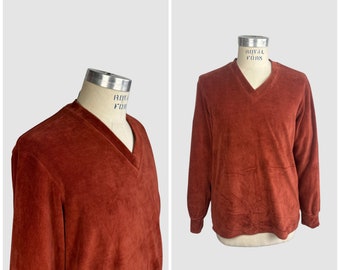 MARTINI Vintage 70s Deadstock Orange Cotton Velour Sweater | 1970s Dead Stock  Shirt Top | Hippie  Disco Streetwear | Mens Size Medium