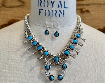 LENORA GARCIA Navajo Squash Blossom and Earring Set | Silver Naja Necklace Pendant, Kingman Turquoise | Native American Jewelry