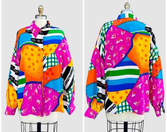 1980s STARINGTON Vintage Silk Shirt | 80s Memphis Art | Abstract Geometric Color Block Button Up | Blouses by Charlotte | Sz. Medium