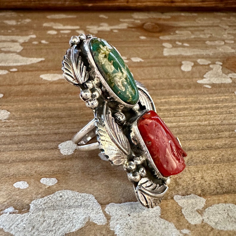 BEYOND BEAUTY Abel Toledo Large Handmade Ring Sterling Silver, Turquoise, Coral Native American Navajo Jewelry Southwestern Size 9 1/2 image 2