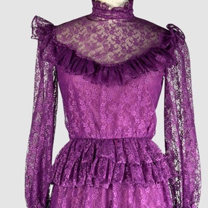 PRAIRIE TALE Vintage 70s Purple Chantilly Lace Dress 1970s Granny Maxi Boho Prairie Hippie Bohemian Cottagecore, Victorian Style Small image 4