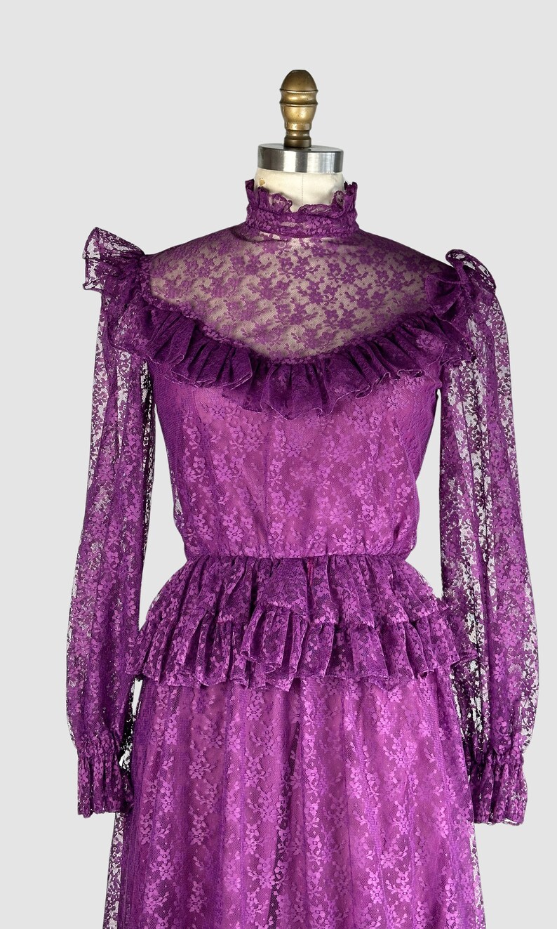 PRAIRIE TALE Vintage 70s Purple Chantilly Lace Dress 1970s Granny Maxi Boho Prairie Hippie Bohemian Cottagecore, Victorian Style Small image 4