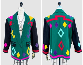 BRAETAN TIMELESS ORIGINALS 90s Long Wool Coat | 1990s Blazer Jacket w/ Tags | Color Block Shapes | Funky Patterns | Size Medium