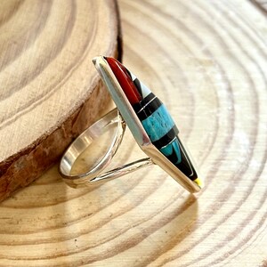 CLEO KALLESTEWA Multi Stone Inlay Zuni Ring Native American Southwest Sterling Jewelry Mother Of Pearl Turquoise Jet Spiny Oyster Size 8 image 4