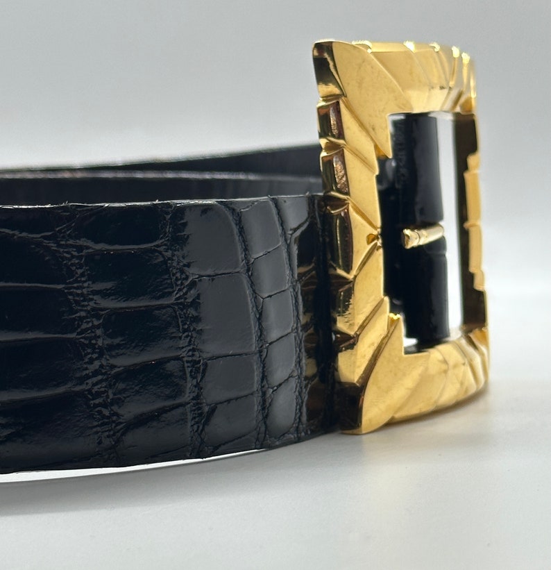 KLEINBERG SHERRILL Vintage 80s 90s Black Alligator Belt With Gold Tone Buckle 90s 1990s Statement Gator Leather Made in USA Size Small image 4