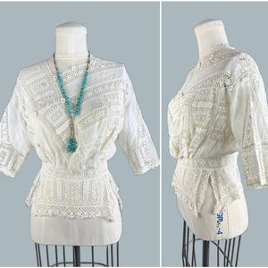 EDWARDIAN WHITE Antique 1900&#39;s Cotton Blouse | Open Lace Crochet and Netting Top | Victorian, Gibson Girl, Prairie Style | Size Small