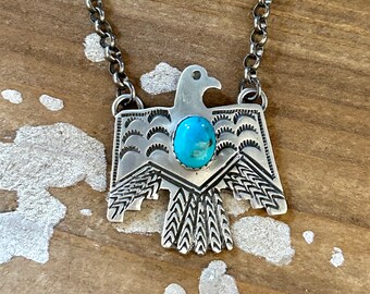 THUNDERBIRD Native Sterling Silver & Turquoise Necklace Pendant, Silver Chain Link | Native American Navajo Style Southwestern Jewelry • 18g