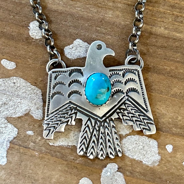 THUNDERBIRD Native Sterling Silver & Turquoise Necklace Pendant, Silver Chain Link | Native American Navajo Style Southwestern Jewelry • 18g