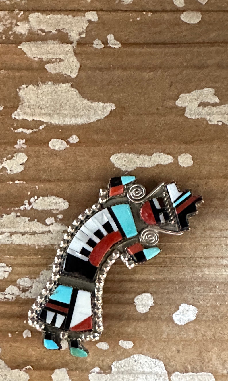 RAINBOW MAN Herbert Cellicion Zuni Yei Brooch Pendant Silver Turquoise MOP Jet Spiny Oyster Inlay Pin Vintage Native American Jewelry image 4