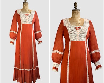 PRAIRIE TALE Lorrie Deb Vintage 70s Dress | 1970s Cotton Gauze & Lace Maxi w/ Bishop Sleeves | Boho Hippie Bohemian, Cottagecore | Medium