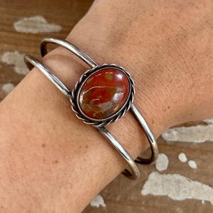 JASPER MEMORIES Sterling Silver & Red Jasper Cuff | SWIM Hallmark Silver Bracelet | Southwestern Jewelry | Most likely Navajo Made | 20g