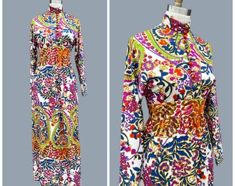 DON LUIS I.Magnin Vintage 70s Maxi Dress | 1970s Victorian Style Paisley Vibrant Floral Gown | Boho, Hippie, Psychedelic | Size Small