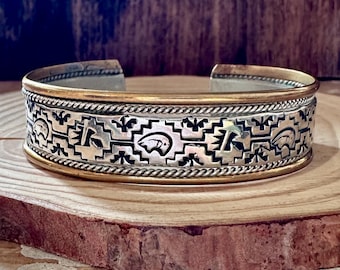STERLING SILVER & 14K Gold Stamped Cuff | Twisted Silver Rope and Gold Bracelet |  Southwestern Jewelry | 24g