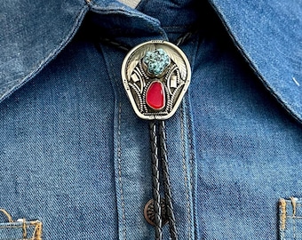 RISING PAIR Applique Bolo Tie w/ Leather Cord, Silver Color, Likely Nickel, Turquoise & Resin | Statement Jewelry, Southwestern Native Style