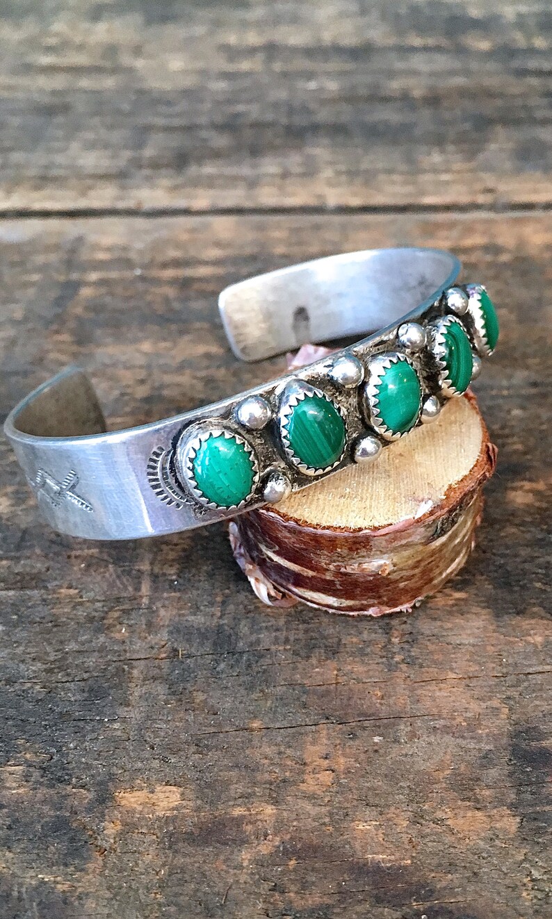 GOING GREEN Vintage 40s Bracelet 1940s Silver & Malachite Cuff Navajo Native American Indian Style Jewelry Southwestern, Boho, Hippie image 2